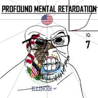 1818 angry animal bald bird black_eyes black_hole black_sclera clenched_teeth closed_mouth cracked_teeth drool eagle ear flag flag:illinois flag:united_states glasses hair illinois iq iq_bell_curve mustache nightmare_fuel no_pupils profound_mental_retardation retard soyjak star_(symbol) state stubble text united_states variant:feraljak wrinkles // 1024x1024 // 209.7KB