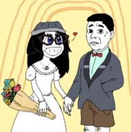 2soyjaks arm beanie blue_eyes bowtie calarts clothes cute ear female flower flowers hair holding_object marriage married plant shorts soyjak suit sweating teeth the_avengers variant:chudjak variant:soytan // 1193x1200 // 109.2KB