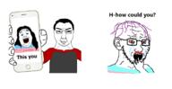 2soyjaks arm closed_mouth clothes crying ear glasses hair hand holding_phone lipstick nate offended open_mouth phone purple_hair red_eyes red_sclera smile smirk smug stubble subvariant:chudjak_front text tranny trans variant:alicia variant:chudjak variant:soyak // 1173x602 // 149.1KB