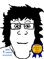 award evis(user) eyebrows eyelashes f_(user) glasses hair melissa_(user) menstrualcykill_(user) mouth_closed ribbon series:foidjaks smile subvariant:neutralplier variant:markiplier_soyjak white_skin // 1800x2400 // 570.9KB