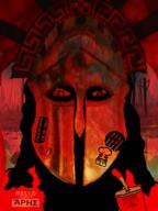 Ares corinthian_helmet cup dark_hair drinking_straw god greek_mythology greek_text helmet irl_background long_hair red_eyes soyjak sticker text war // 600x800 // 519.2KB