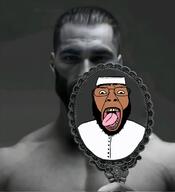 arab beard brown_skin clothes gigachad glasses hat islam mirror open_mouth soyjak taqiyah tongue tunic variant:bernd yellow_teeth // 1869x2048 // 318.6KB