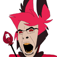 alastor animal_ears antlers bowtie evil glasses hazbin_hotel monocle multicolored_hair nose open_mouth red_eyes red_hair stretched_mouth stubble variant:cobson vivziepop yellow_teeth // 640x640 // 51.1KB