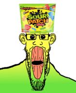 candy clothes ear flavorjak food glasses green hat incomprehensible_woahjack oh_my_god_she_is_so_attractive open_mouth sour sour_patch_kids soyjak stretched_mouth stubble variant:markiplier_soyjak yellow // 900x1100 // 502.0KB