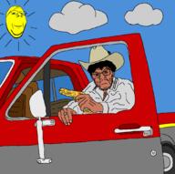 chalino_sanchez cloud cowboy_hat gold golden_camo gun ring sky subvariant:wholesome_soyjak sun truck truck_seat truck_seat_headrest variant:feraljak variant:gapejak weapon // 1073x1070 // 173.0KB