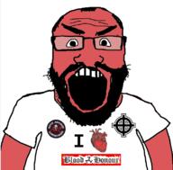 angry arm badge beard clothes communism cross glasses hammer heart i_love iron_cross open_mouth red_skin soyjak subvariant:science_lover text tshirt variant:markiplier_soyjak // 800x789 // 156.7KB