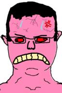 anger_mark bloodshot_eyes clenched_teeth ear hair pink_skin soyjak subvariant:chudjak_front sweating variant:chudjak vein // 392x590 // 17.6KB