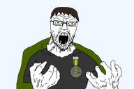 angry award badge brapjak_farty brown_hair clothes glasses green_eyes green_shirt hugh hugh_janus james soyjak soyteen variant:dumjacque white_skin // 1500x1000 // 101.4KB