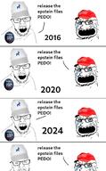 2016 2020 2024 angry beard bloodshot_eyes clothes crying democrat distorted epstein glasses hat jeffrey_epstein maga maga_hat make_america_great_again meta:not_oc open_mouth politics red_eyes republican soyjak tear text variant:feraljak variant:soyak // 1358x2195 // 1.1MB