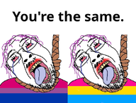 2soyjaks bisexual bloodshot_eyes crying dead flag:bisexual_pride_flag flag:pansexual_pride_flag glasses hanging lipstick mouth_open mustache pansexual purple_hair stubble suicide text tongue tranny variant:bernd white_background yellow_teeth you're_the_same // 643x488 // 112.3KB
