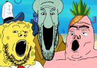 animal blue_skin cartoon clothes hat nickelodeon patrick_star pineapple pink_skin soyjak spongebob_squarepants squidward trend:soyjak_trio variant:gapejak variant:markiplier_soyjak variant:tony_soprano_soyjak yellow_skin // 828x581 // 261.9KB
