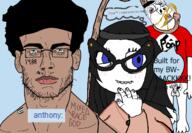1488 3soyjaks anthony_(user) blue_eyes brown_skin closed_mouth clothes flag:nazi_germany glasses meta:pornographic_content mustache nazi_germany piss soybooru soyjak stubble subvariant:scholar teeth text variant:bernd variant:chudjak variant:soytan // 650x450 // 108.9KB