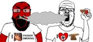 2soyjaks arm bald balding beard cigar clothes flag:nazi_germany glasses hand heart holding_object i_heart i_love open_mouth red_skin smoke smoking stubble subvariant:science_lover text tshirt variant:a24_slowburn_soyjak variant:markiplier_soyjak yellow_teeth // 1750x788 // 186.2KB