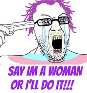 angry clothes crying eye_liner gun holding_gun lipstick maakyjak makeup mucus open_mouth purple_hair stubble text troon variant:peakyjak // 1080x1160 // 81.6KB