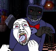 bonnie_(fnaf) choke choke_hold chud five_nights_at_freddy's five_nights_at_freddy's_2 fnaf guard headlock nightguard no_face one_hand open_mouth subvariant:chudjak_front teeth the_weak_should_fear_the_strong tongue variant:chudjak video_game withered_bonnie // 499x461 // 129.8KB