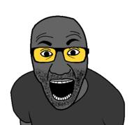 arm clothes glasses grey_skin open_mouth soot soot_colors soyjak soyjak_party stubble tshirt variant:el_perro_rabioso // 427x400 // 9.5KB