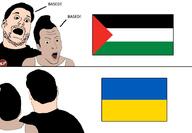 2soyjaks based ear glasses hair national_justice_party open_mouth palestine sleeveless_shirt soyjak stubble text ukraine variant:unknown white_skin // 908x629 // 47.0KB