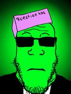 box cardboard closed_mouth clothes glasses glowing green_skin neutral question question_hat soyjak stubble subvariant:neutralplier suit sunglasses text trend:glowie variant:markiplier_soyjak // 600x800 // 181.1KB