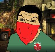 angry asian bandana brown_skin clothes hair just_cause small_eyes soyjak subvariant:feralgook tshirt variant:feraljak video_game // 940x890 // 956.8KB