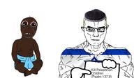 2soyjaks angry arm baby black_skin blond bloodshot_eyes blue_eyes closed_mouth clothes crying deformed ear full_body glasses hat israel judaism kippah muscles palestine psalm_137:9 smile star_of_david stubble subvariant:gerald text variant:chudjak variant:cobson yellow_hair // 1871x1098 // 187.1KB