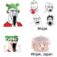 4chan angry anime arm bloodshot_eyes blush brown_hair closed_mouth clothes crying ear glasses green_hair gyate_gyate hair hair_ribbon hakurei_reimu hand hands_up hat heart holding_heart holding_object japan looking_at_you looking_to_the_right multiple_soyjaks mustache nipple open_mouth place_japan red_eyes smile soyjak stretched_mouth stubble subvariant:wewjak subvariant:wholesome_soyjak teeth text touhou tshirt variant:cryboy_soyjak variant:feraljak variant:gapejak variant:markiplier_soyjak variant:soyak video_game white_skin witch yotsoyba // 1500x1500 // 792.1KB
