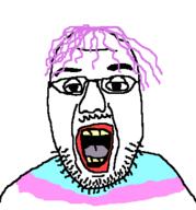clothes eyebrows glasses looking_at_you open_mouth pink_hair soyjak stubble tongue tranny transgender_flag variant:laughty wrinkles yellow_teeth // 352x378 // 13.9KB