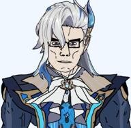 blue_shirt buff closed_mouth clothes game gem genshin_impact glasses jewelry long_hair male neuvillette purple_eyes subvariant:chudjak_front subvariant:muscular_chud variant:chudjak video_game // 1059x1037 // 357.9KB