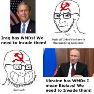 2soyjaks arm badge balding black_shirt blue_eyes calarts closed_mouth clothes communism concerned ear facial_mark flag forehead_mark frown george_bush_jr glasses grey_hair hair hammer_and_sickle iraq looking_to_the_left looking_to_the_right necktie place_japan russia russo_ukrainian_war smile so_true soyjak star stubble subvariant:soyak_(irritated) suit teeth text ukraine united_states variant:soyak vladimir_putin white_skin // 1001x999 // 594.5KB