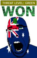 ahegao australia country emerald flag flag:australia gem glasses green green_eyes hair looking_up open_mouth schlog_color_event soyjak soyjak_blog star_(symbol) stubble teeth text threat_level_green variant:cobson won // 721x1115 // 171.4KB