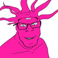 glasses happy monster multiple_eyes pink_skin smile soyjak stubble variant:feraljak // 1500x1490 // 131.4KB