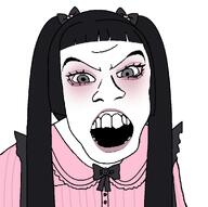 angry bow female frill makeup open_mouth pigtails pink_shirt subvariant:feralkei suspenders teeth variant:feraljak // 984x980 // 190.7KB