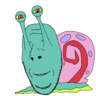 animal cartoon chudbob eye_stalks gary_(spongebob_squarepants) green_sclera green_skin mollusk nickelodeon red_eyes shell smile snail soyjak spongebob_squarepants stubble subvariant:nucob variant:cobson white_background // 1280x1280 // 232.2KB