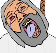 beard bloodshot_eyes christianity clothes crying glasses god grey_hair hair hanging mustache open_mouth rope soyjak suicide tongue variant:bernd white_skin yellow_teeth // 768x719 // 65.4KB