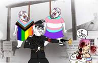3soyjaks blood chud gun hanging murder nazism pride_flag progress_pride_flag schutzstaffel smug soyjak trans_rights transgender_flag variant:bernd variant:chudjak variant:gapejak // 1119x720 // 383.3KB