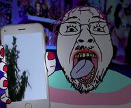 animated gif_(4chan) glasses holding_object holding_phone iphone open_mouth painted_nails purple_hair skyking sound soyjak stubble tanny tongue trаnnу variant:bernd video yellow_teeth // 608x504, 46.9s // 3.9MB