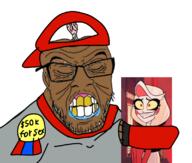 award badge black_skin brainlet charlie_morningstar closed_eyes closed_mouth clothes dakimakura glasses grey_shirt hat hazbin_hotel holding_object sex soyjak stubble variant:feraljak verbalase yellow_teeth // 1120x948 // 511.2KB