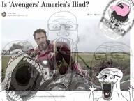 arm avengers bloodshot_eyes distorted eyes_popping glasses hand hands_up headline marvel multiple_soyjaks mustache open_mouth shaking soyjak soyjak_trio stretched_mouth stubble subvariant:waow text tongue tv_(4chan) united_states variant:a24_slowburn_soyjak variant:gapejak variant:markiplier_soyjak variant:soyak variant:tony_soprano_soyjak yellow_teeth // 1080x817 // 91.2KB