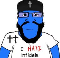 bandana beard blue_skin calm christian_cross christian_identity christianity clothes crucifix eyes glasses headband i_hate infidel infidels mouth_closed orthodox_cross red_text subvariant:science_lover text variant:markiplier_soyjak // 719x700 // 162.6KB