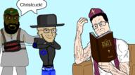 3soyjaks angry arm beard bible blue_eyes book brown_eyes brown_skin christcuck christianity closed_mouth clothes crescent full_body glasses hair hand hat headband holding_book holding_object holy_bible islam jesus jesus_christ judaism kike mudslime muscles open_mouth painting payot priest reading sitting speech_bubble star_(symbol) star_and_crescent star_of_david stubble subvariant:chud_reading subvariant:tetojak suicide suicide_bomber teeth variant:chudjak variant:feraljak variant:soyak white_skin yellow_teeth // 2048x1132 // 817.5KB