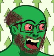 arrow biz_(4chan) glasses green green_skin hair open_mouth red_eyes soyjak stubble variant:nujak // 976x1010 // 735.7KB