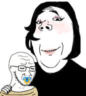 2soyjaks baby black_shirt closed_eyes clothes doomer female femjak glasses hair hand makeup pacifier smile soyjak stubble variant:gapejak variant:soyak // 900x1000 // 331.0KB