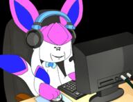 black_background closed_mouth computer eeveelution gamer gaming headphones headset ms_memer_group pokemon smile soyjak sylveon variant:impish_soyak_ears // 649x499 // 246.6KB