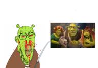 angry animal blood bloodshot_eyes clothes donkey ear fiona glasses green_skin hair movie nosebleed open_mouth shrek soyjak subvariant:feralrage sword teeth variant:feraljak yellow_teeth // 1672x1171 // 999.5KB
