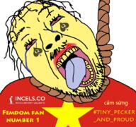 asian bant_(4chan) bbc country femdom femdomcuck flag hair hanging incel mustache open_mouth queen_of_spades rope small_eyes soyjak stubble suicide tattoo text tongue variant:bernd vietnam vietnamese yellow_skin // 768x719 // 573.3KB