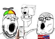 3soyjaks arm child clothes gen_alpha glasses hand hat holding_object holding_phone kid open_mouth phone poppy_playtime propeller_hat skibidi_toilet stubble tiktok toilet variant:cobson variant:gapejak variant:tony_soprano_soyjak // 828x581 // 202.0KB