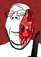 blood blood_drip blood_from_forehead blood_from_mouth blood_on_face bone deep_wound exposed_bone exposed_muscle glasses gore holding_knife holding_object injury knife looking_at_you mutilation noise self_harm smile soyjak stubble variant:gapejak // 645x877 // 714.4KB