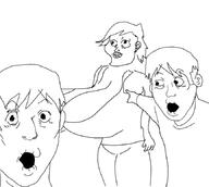 2soyjaks arm breasts clothes ear gigantic_breasts glasses hair hand open_mouth pointing soy_parody soyjak stubble summertime_saga v_(4chan) variant:two_pointing_soyjaks // 864x774 // 118.8KB