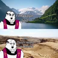 angry balding christianity clothes desert fat glasses hair open_mouth pagan soyjak text variant:wojak // 1280x1280 // 191.9KB