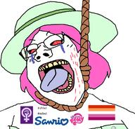 angry bloodshot_eyes clothes crying cut dyke eddtwt female femcel feminism flag:lesbian_pride_flag glasses hair hanging hat lesbian meta:tagme my_little_pony open_mouth pink_hair sanrio shtwt subvariant:gapejak_female variant:gapejak // 977x938 // 320.3KB