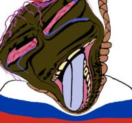 bloodshot_eyes crying dead flag flag:russia glasses hair hanging mustache open_mouth purple_hair rope shitskin soyjak stubble suicide template tongue tranny variant:bernd yellow_teeth // 768x719 // 291.8KB